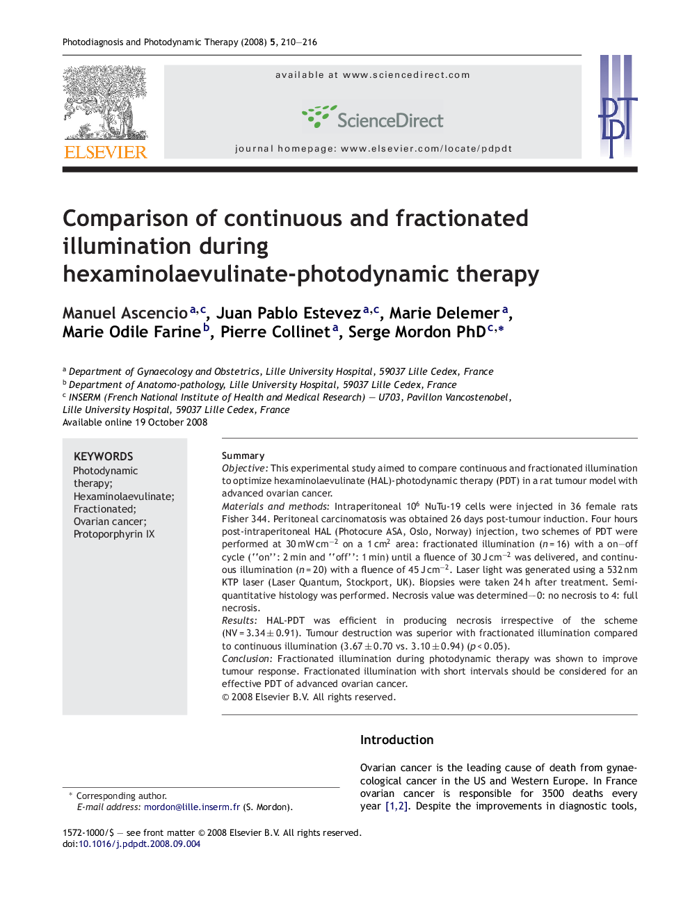 عکس صفحه اول مقاله: Comparison of continuous and fractionated illumination during hexaminolaevulinate-photodynamic therapy Comparison of continuous and fractionated illumination during hexaminolaevulinate-photodynamic therapy
