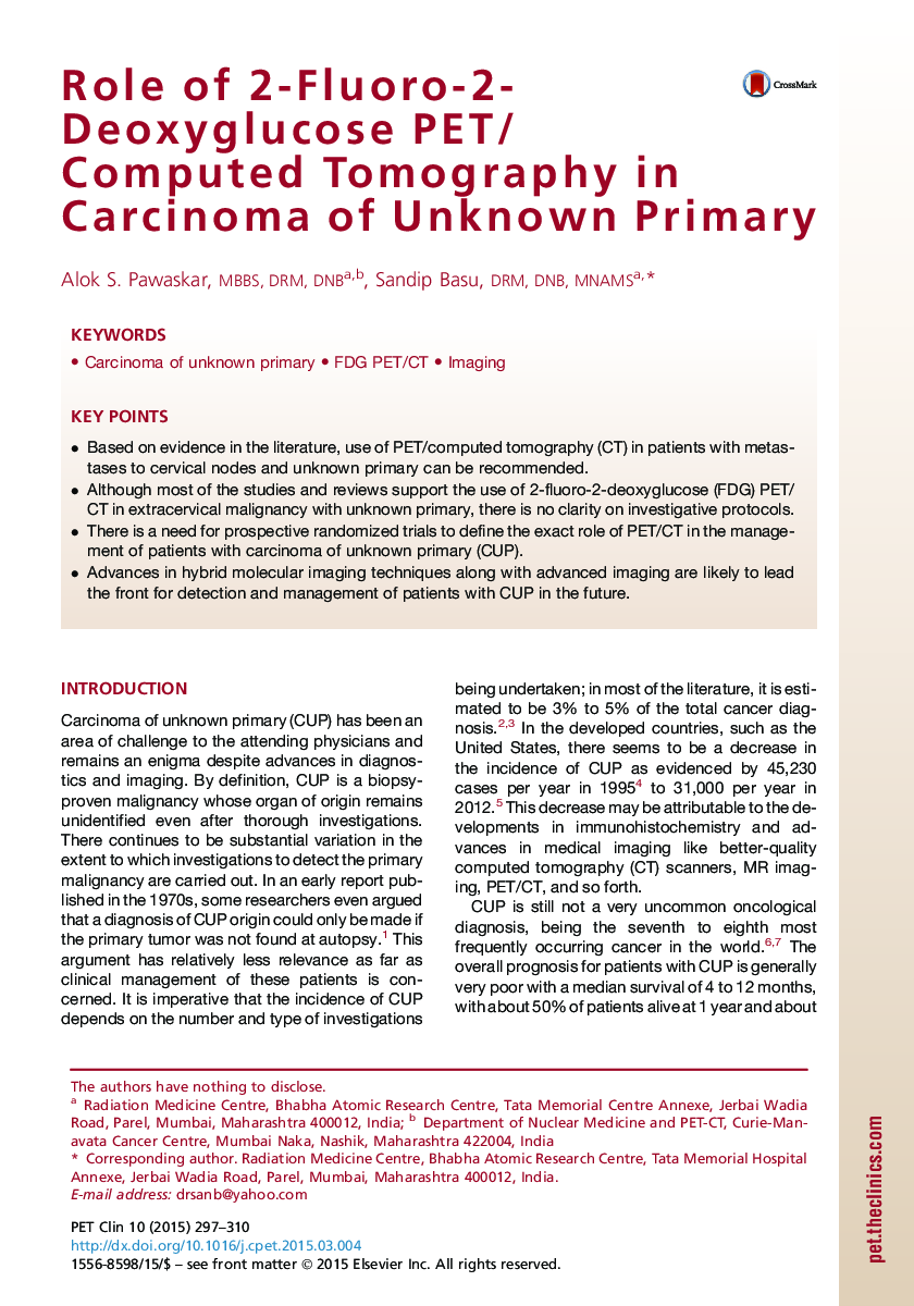 Role of 2-Fluoro-2-Deoxyglucose PET/Computed Tomography in Carcinoma of Unknown Primary