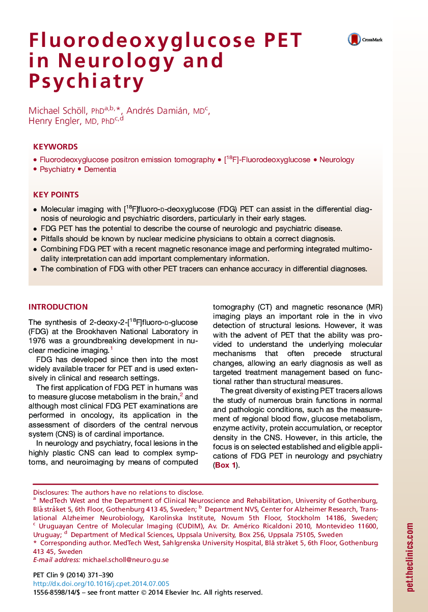 Fluorodeoxyglucose PET in Neurology and Psychiatry