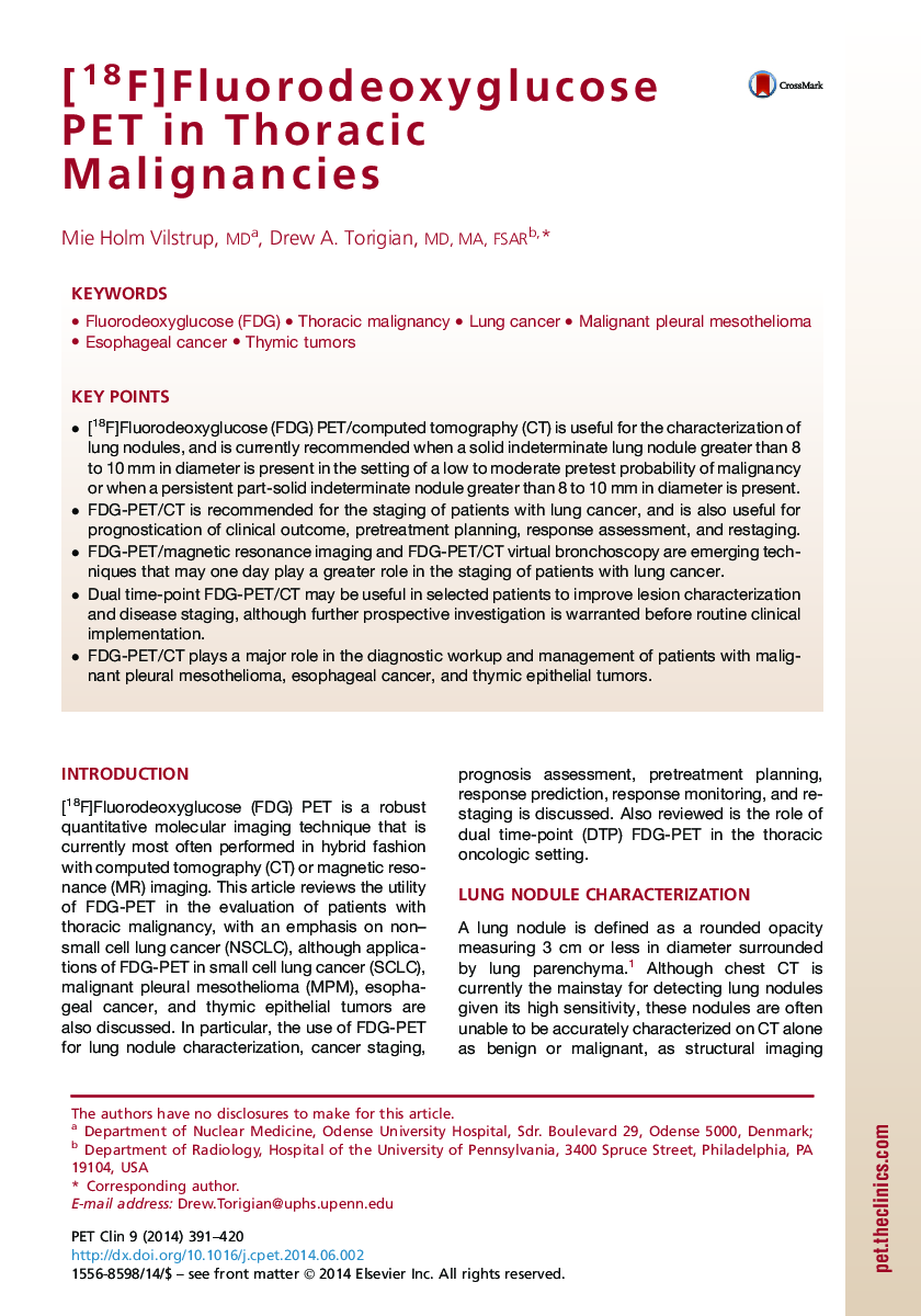 [18F]Fluorodeoxyglucose PET in Thoracic Malignancies