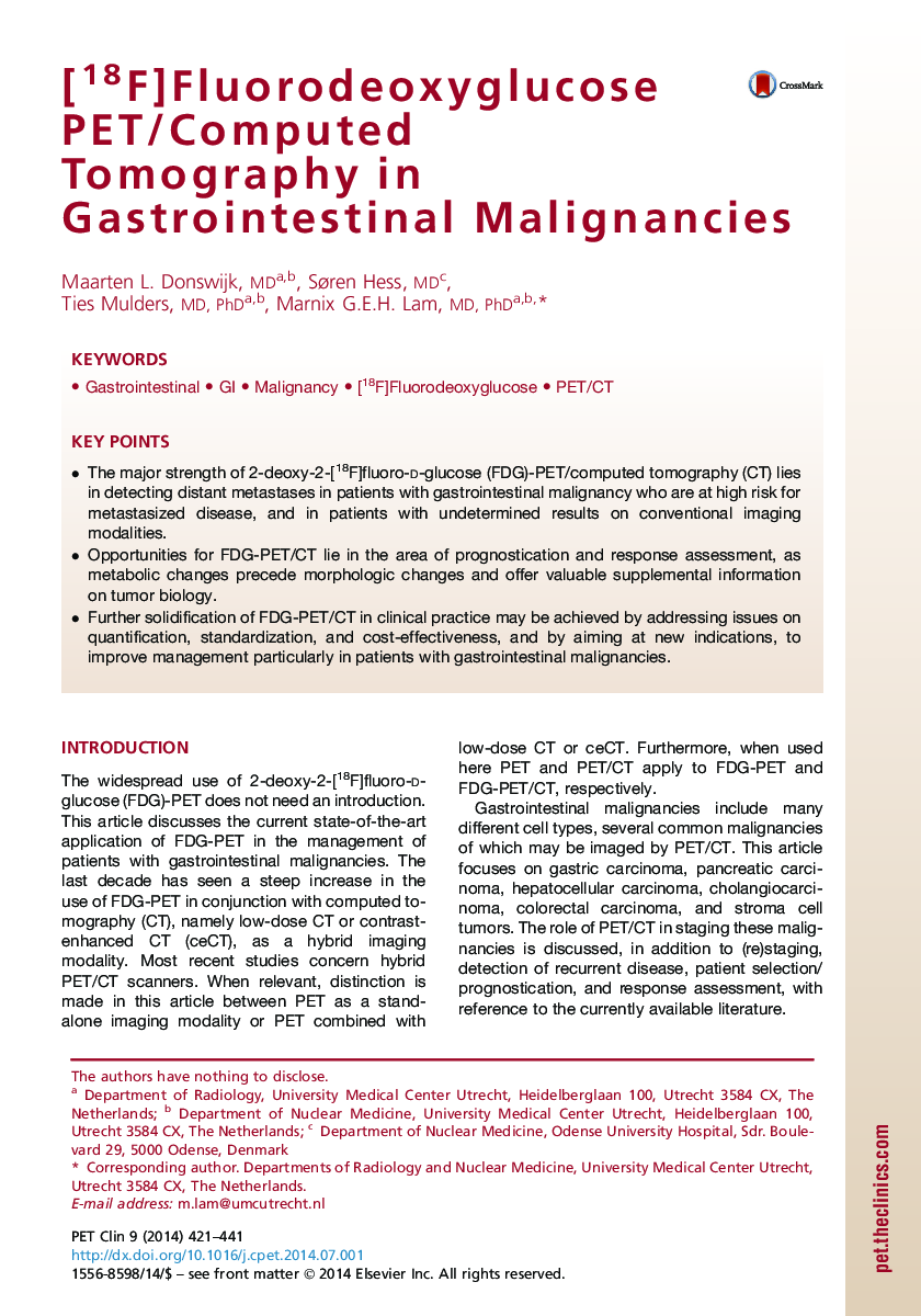 [18F]Fluorodeoxyglucose PET/Computed Tomography in Gastrointestinal Malignancies