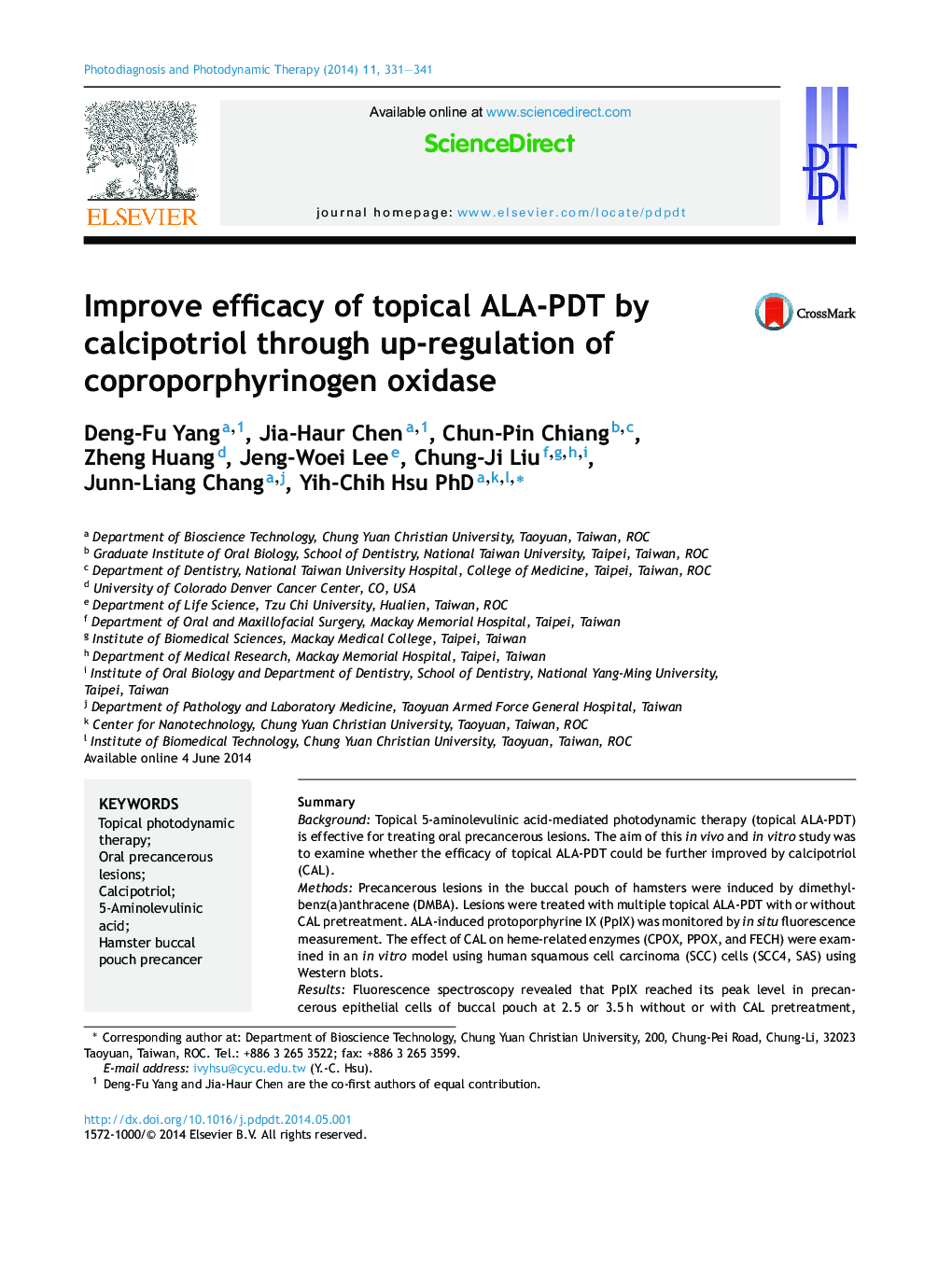 Improve efficacy of topical ALA-PDT by calcipotriol through up-regulation of coproporphyrinogen oxidase