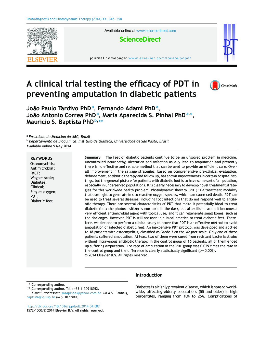 A clinical trial testing the efficacy of PDT in preventing amputation in diabetic patients