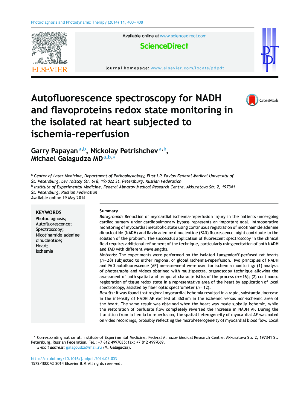 عکس صفحه اول مقاله: Autofluorescence spectroscopy for NADH and flavoproteins redox state monitoring in the isolated rat heart subjected to ischemia-reperfusion Autofluorescence spectroscopy for NADH and flavoproteins redox state monitoring in the isolated rat heart subjected to ischemia-reperfusion