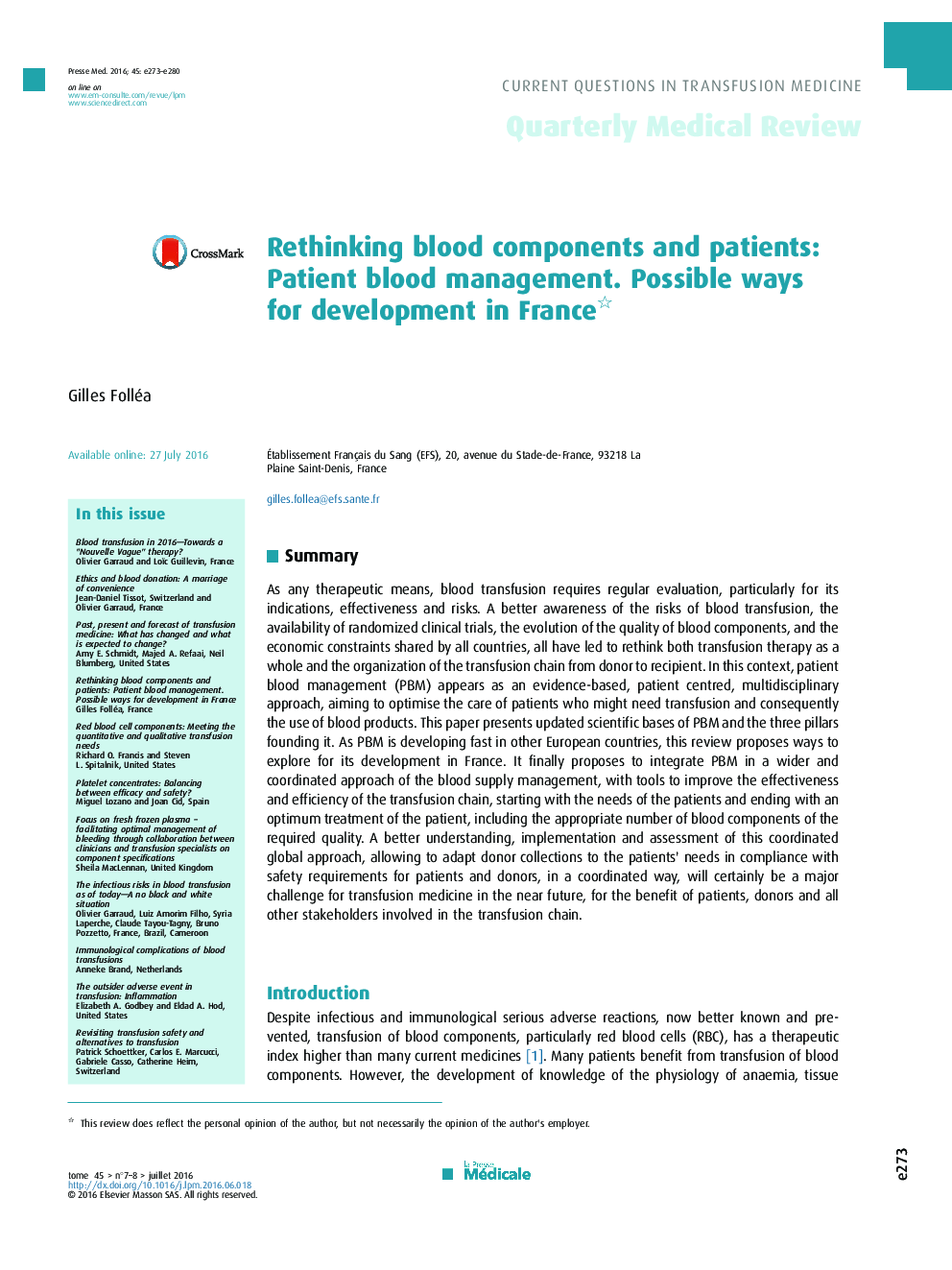 Rethinking blood components and patients: Patient blood management. Possible ways for development in France 
