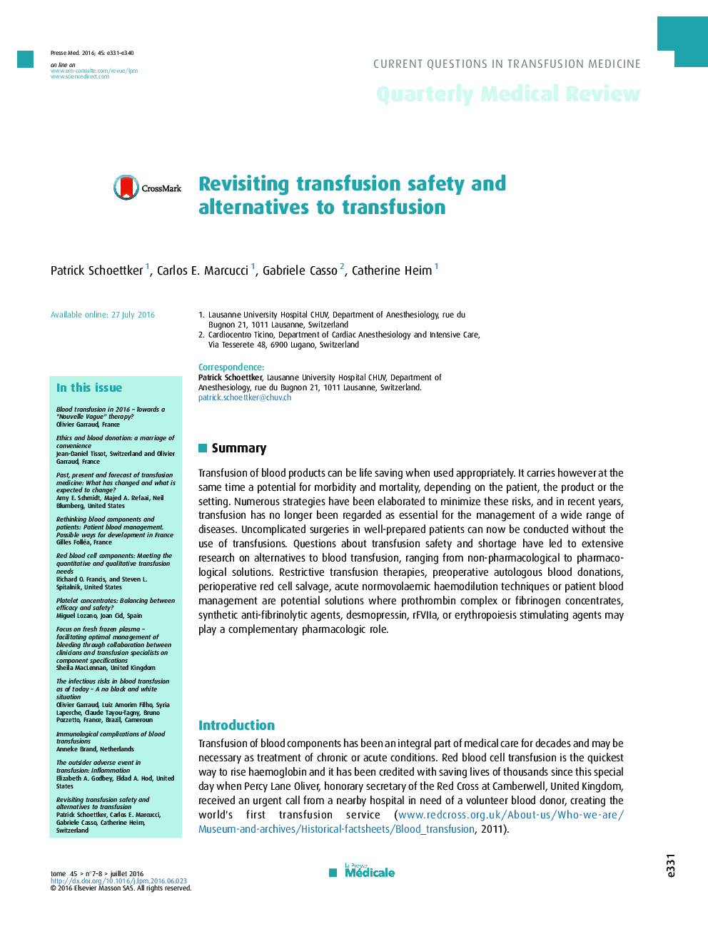 Revisiting transfusion safety and alternatives to transfusion