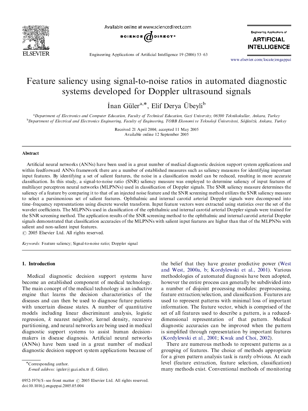 Feature saliency using signal-to-noise ratios in automated diagnostic systems developed for Doppler ultrasound signals