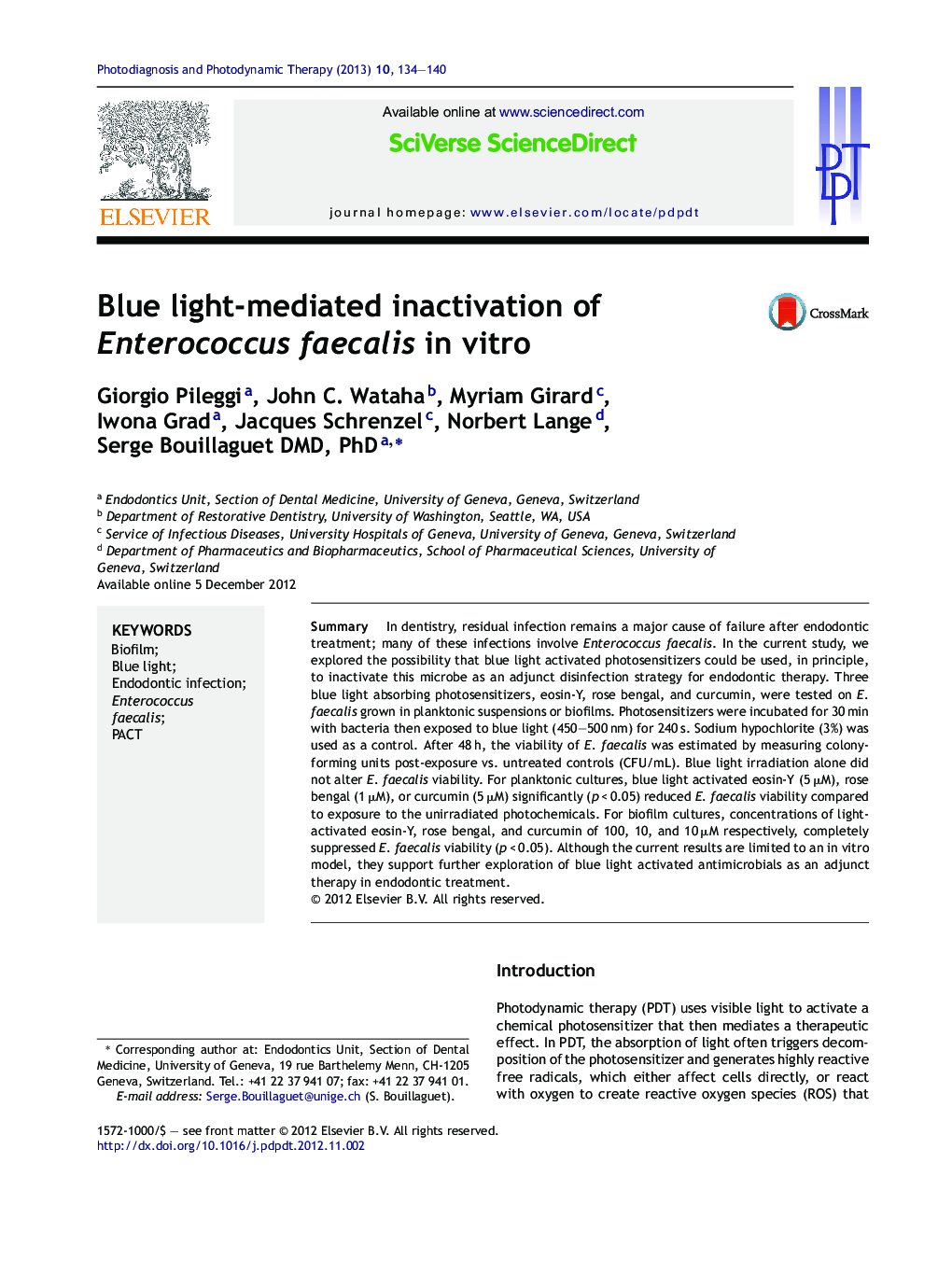 Blue light-mediated inactivation of Enterococcus faecalis in vitro
