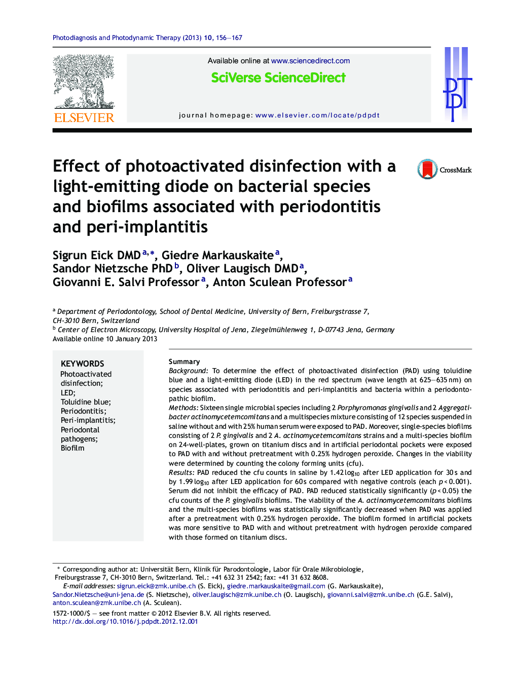 Effect of photoactivated disinfection with a light-emitting diode on bacterial species and biofilms associated with periodontitis and peri-implantitis