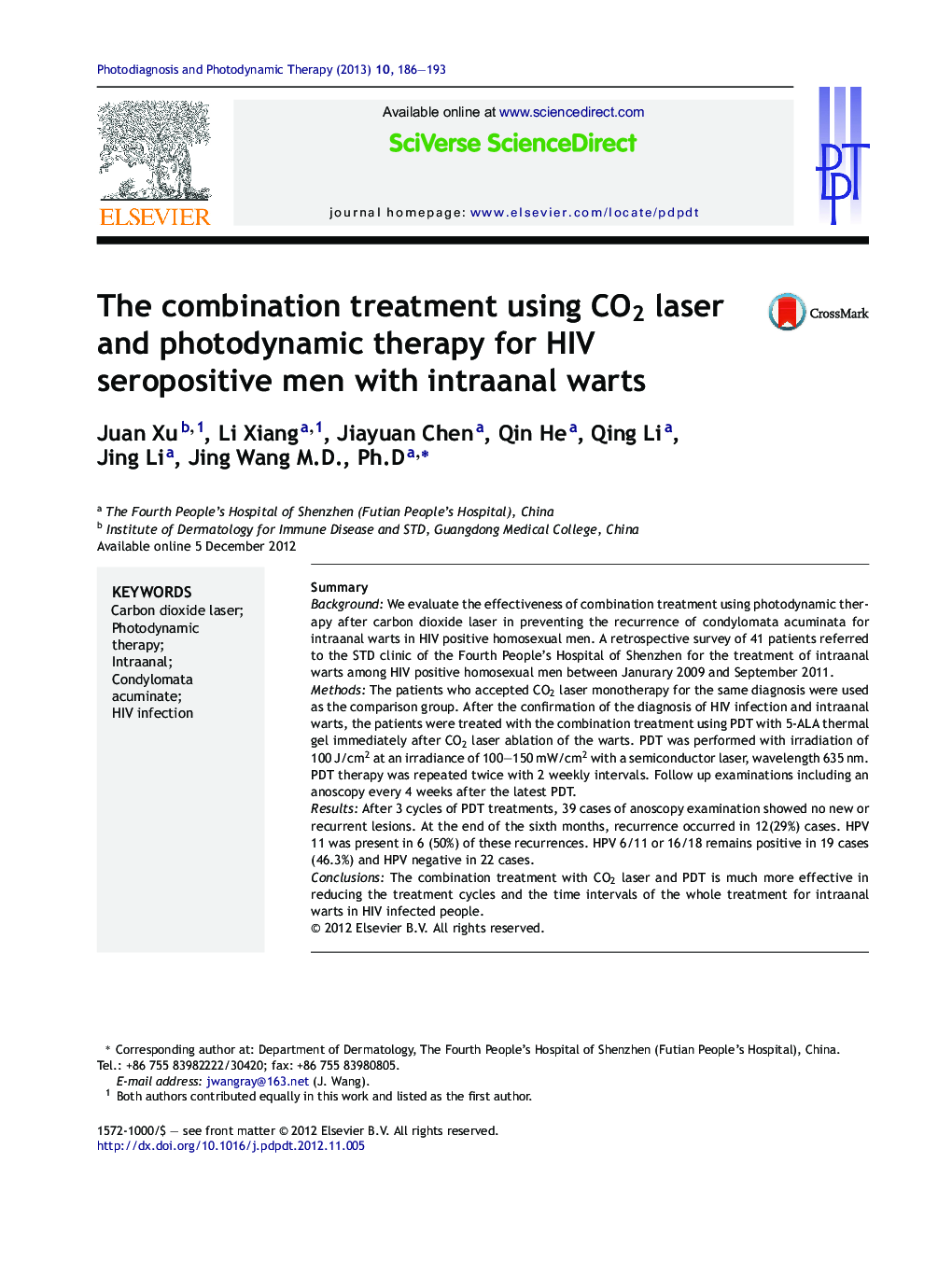 The combination treatment using CO2 laser and photodynamic therapy for HIV seropositive men with intraanal warts