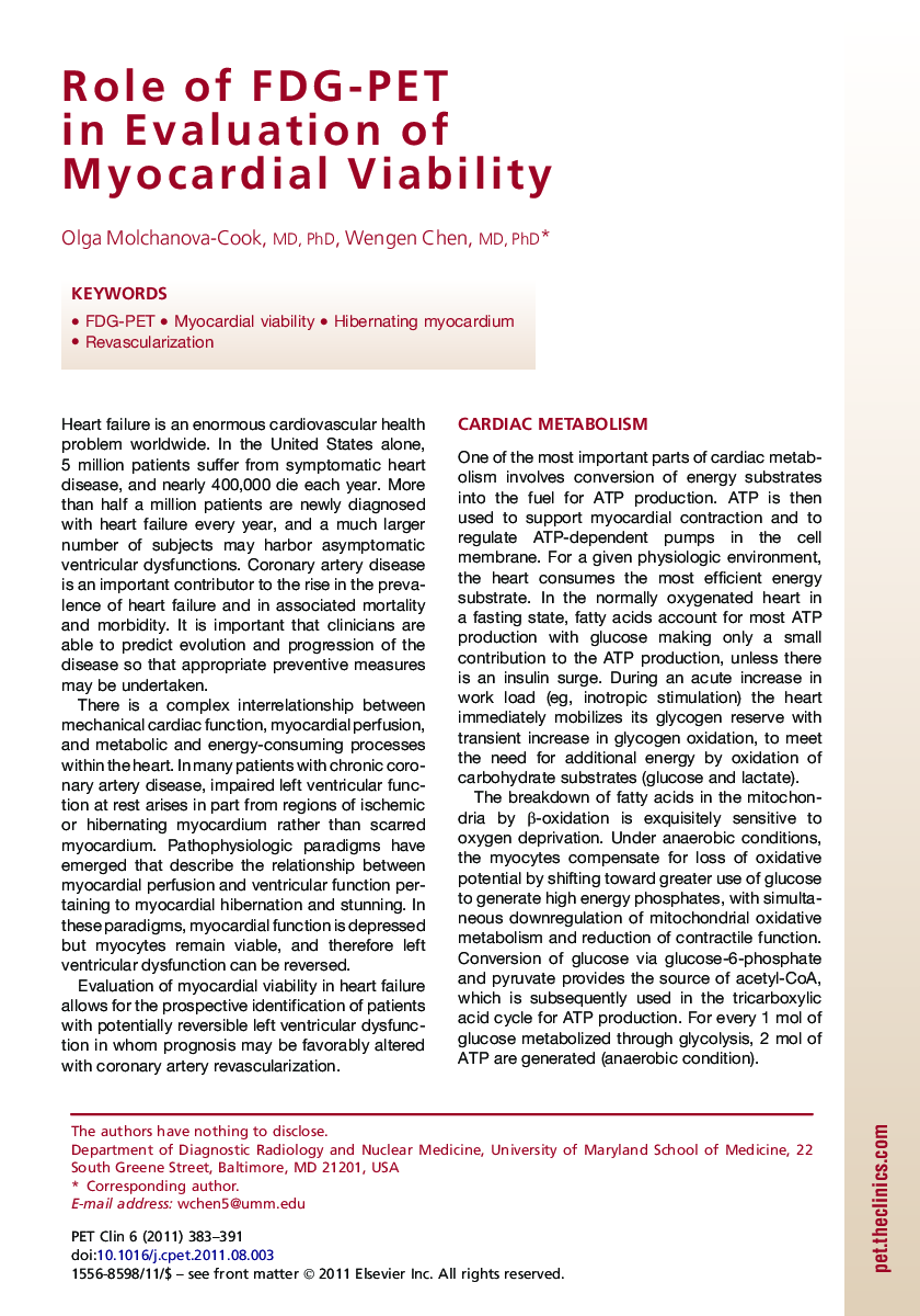 Role of FDG-PET in Evaluation of Myocardial Viability