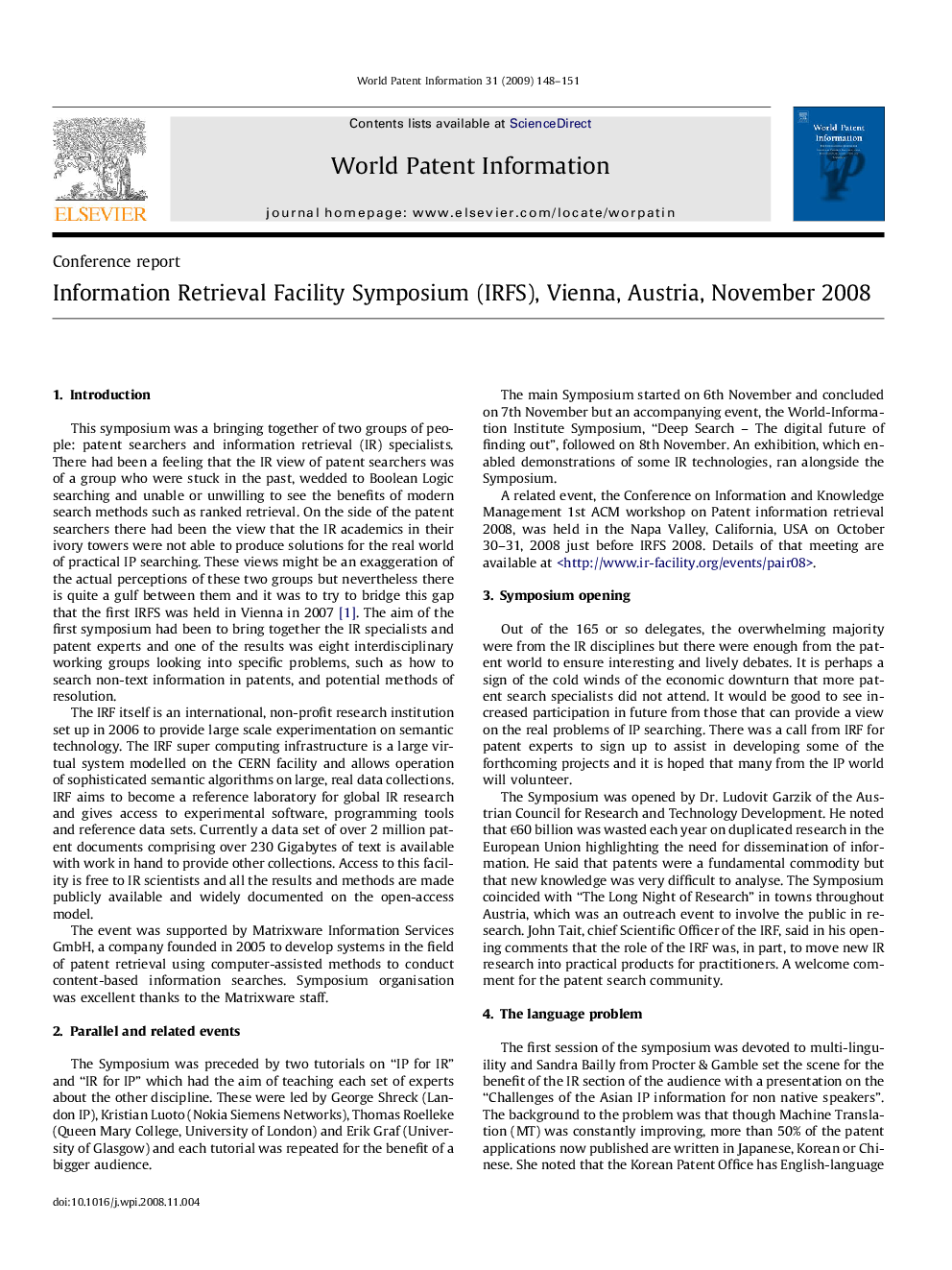 Information Retrieval Facility Symposium (IRFS), Vienna, Austria, November 2008