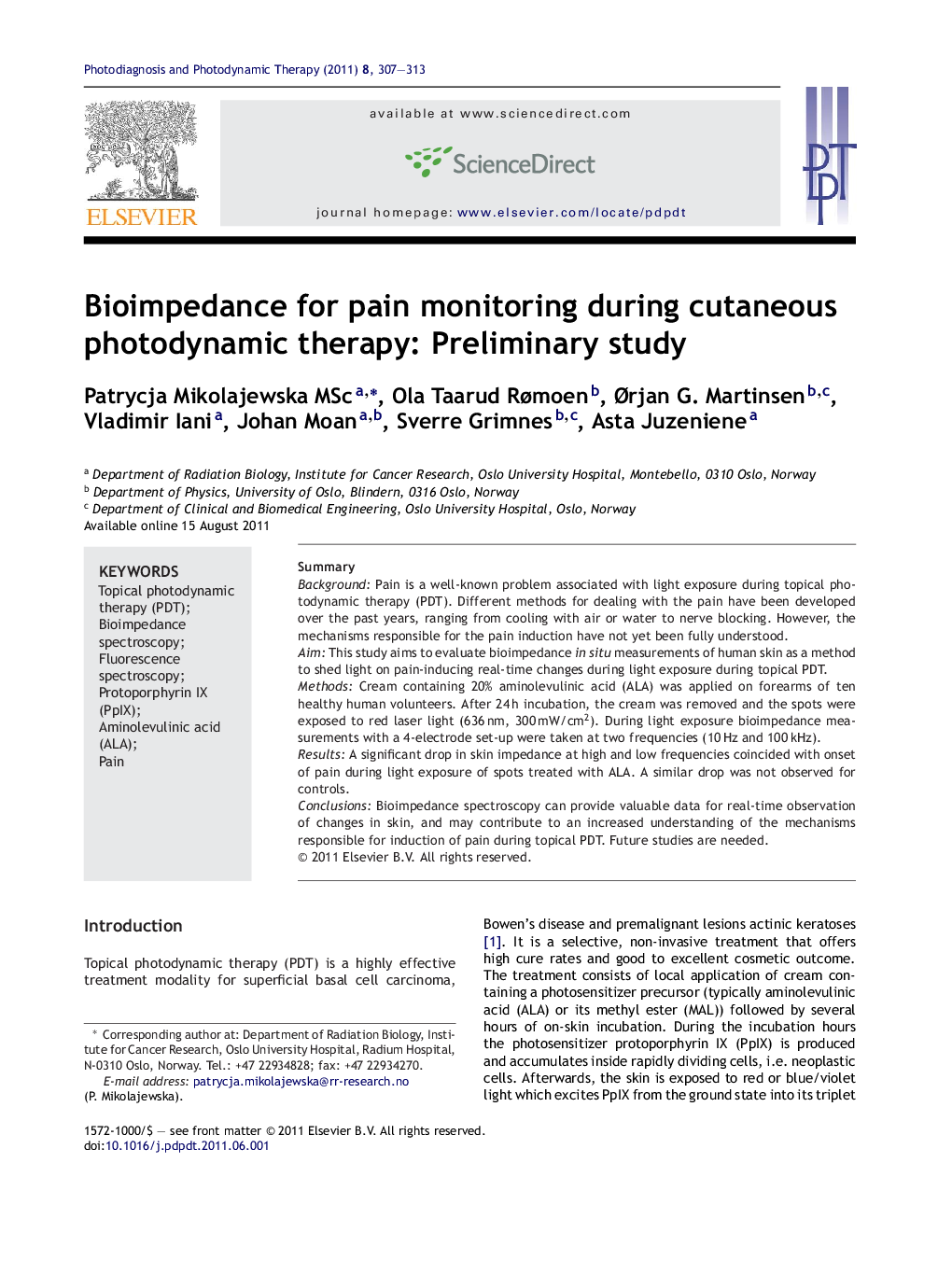 Bioimpedance for pain monitoring during cutaneous photodynamic therapy: Preliminary study