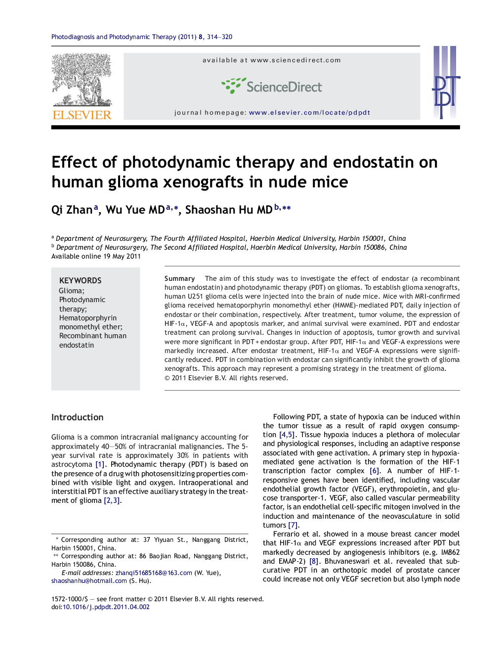 Effect of photodynamic therapy and endostatin on human glioma xenografts in nude mice