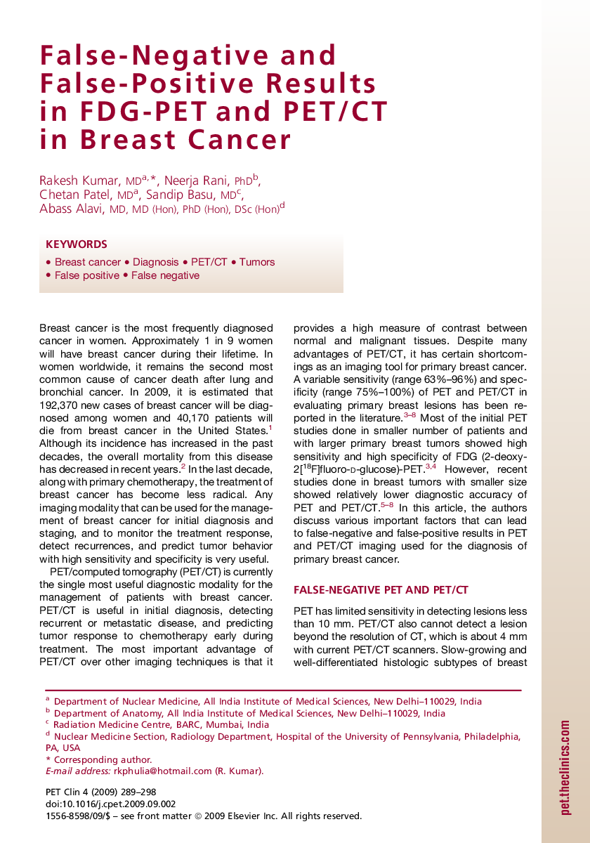 False-Negative and False-Positive Results in FDG-PET and PET/CT in Breast Cancer