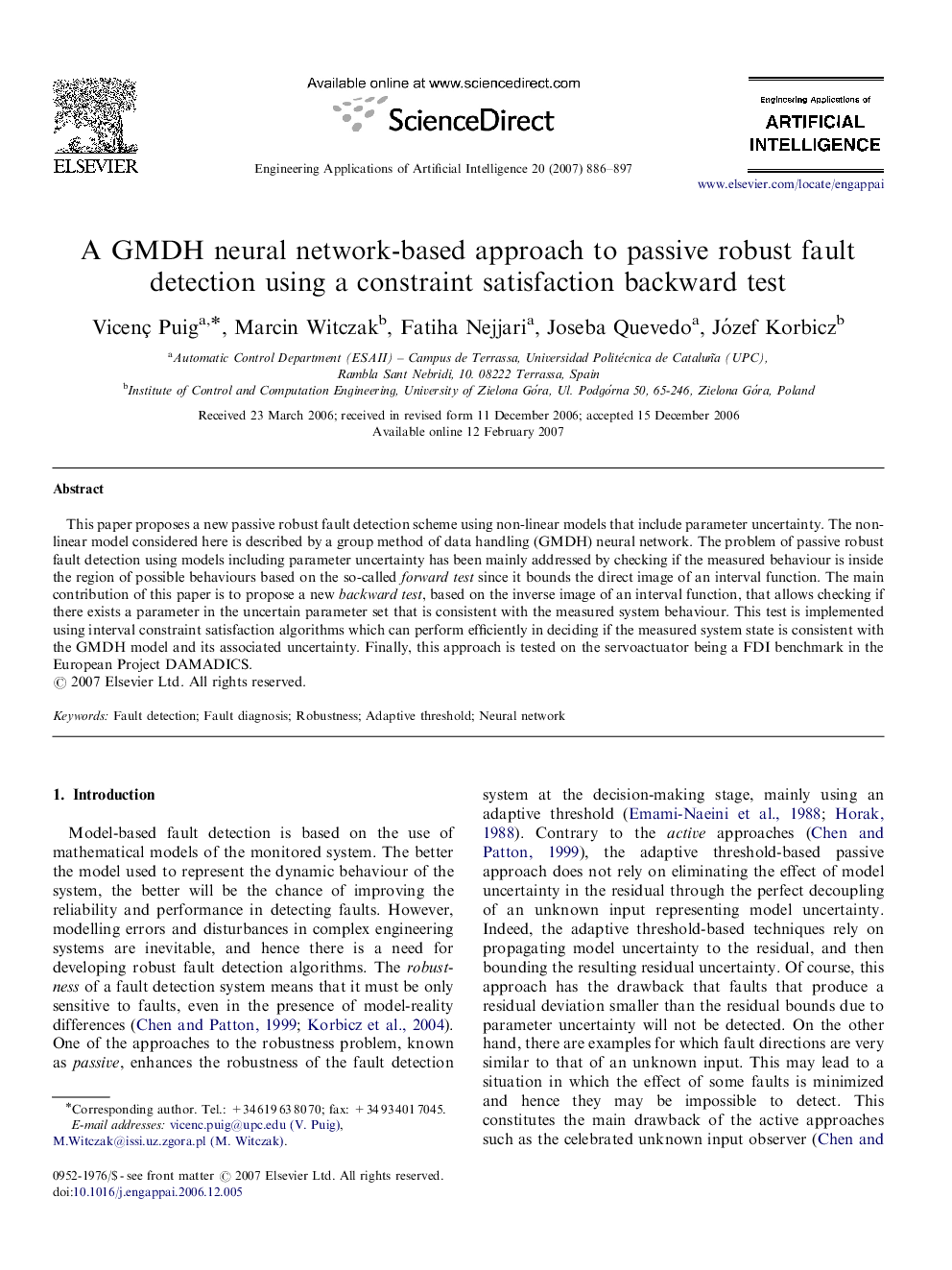 A GMDH neural network-based approach to passive robust fault detection using a constraint satisfaction backward test