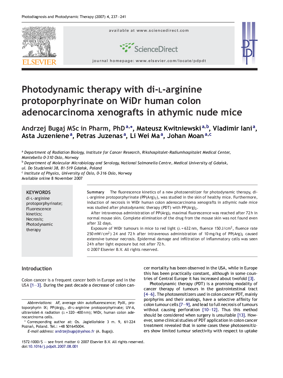 Photodynamic therapy with di-l-arginine protoporphyrinate on WiDr human colon adenocarcinoma xenografts in athymic nude mice