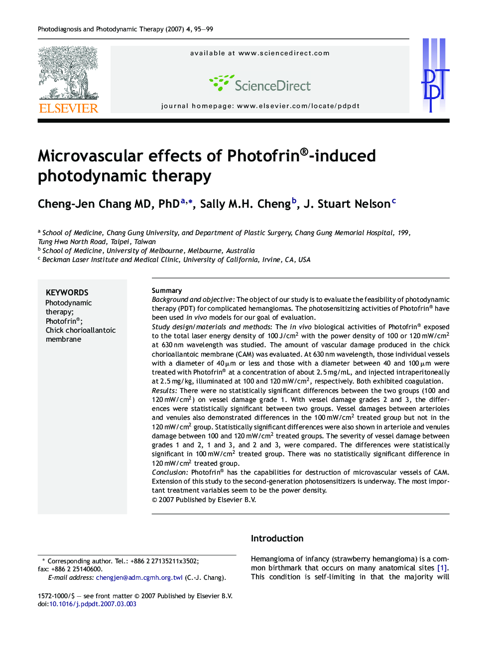 Microvascular effects of Photofrin®-induced photodynamic therapy