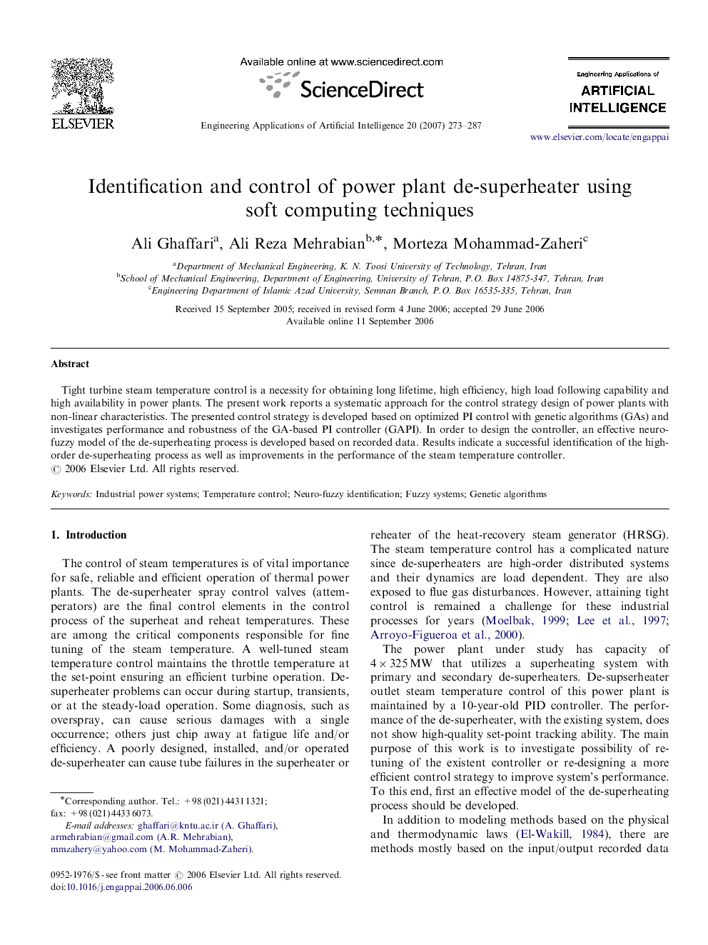 Identification and control of power plant de-superheater using soft computing techniques