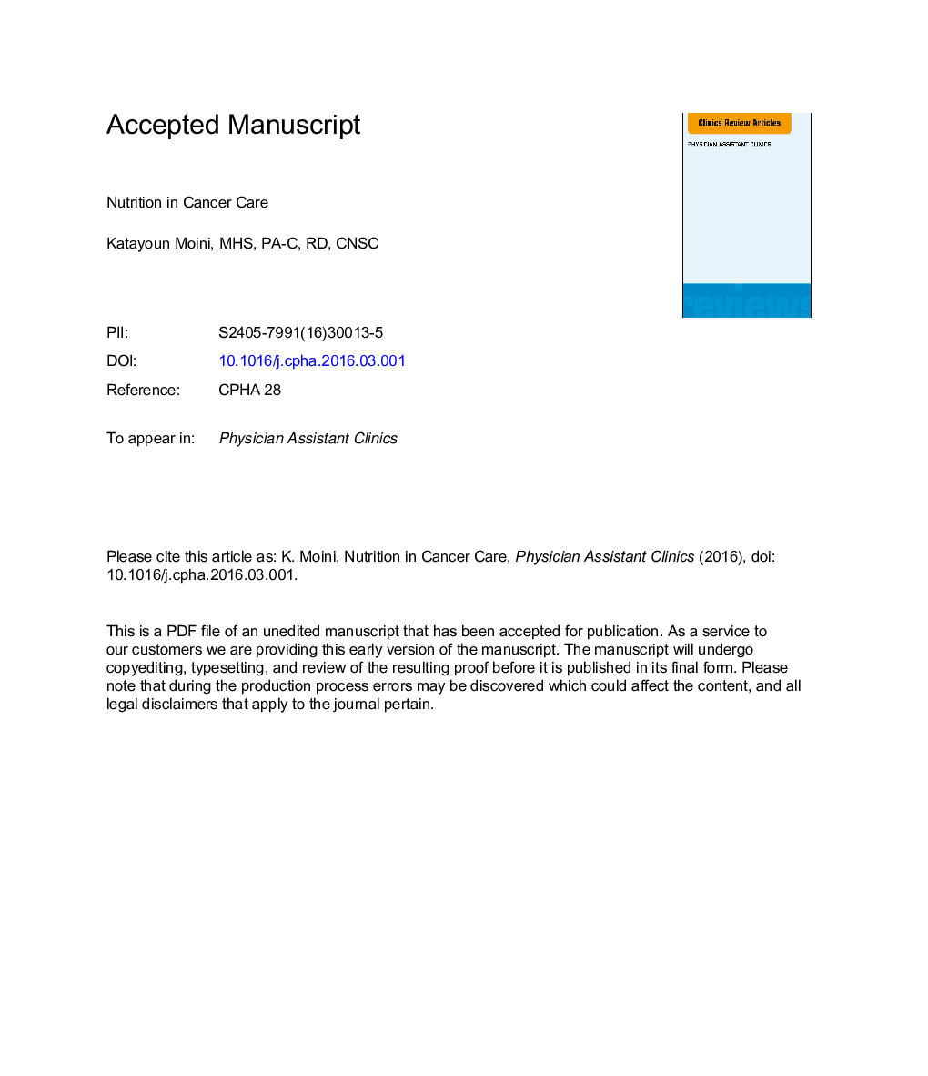 Nutrition in Cancer Care