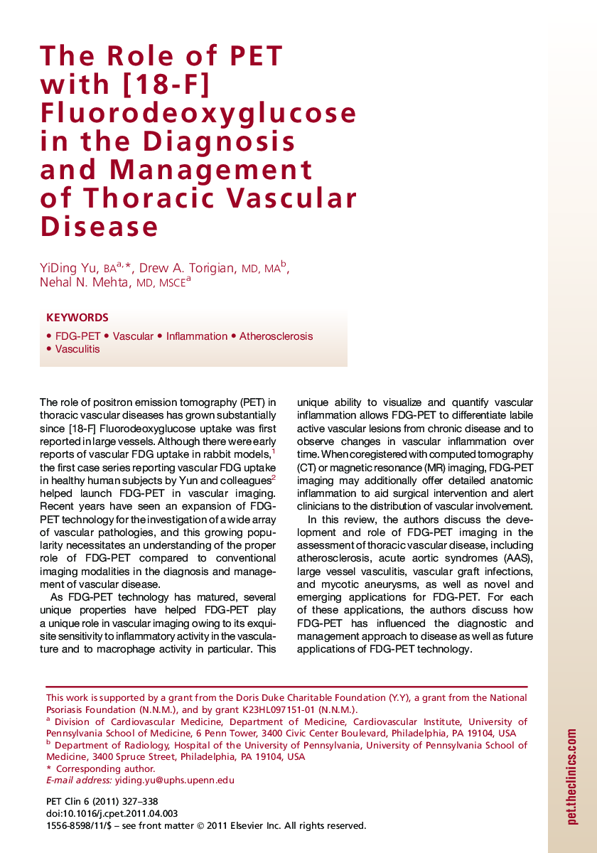 The Role of PET withÂ [18-F] Fluorodeoxyglucose in the Diagnosis andÂ Management ofÂ Thoracic Vascular Disease