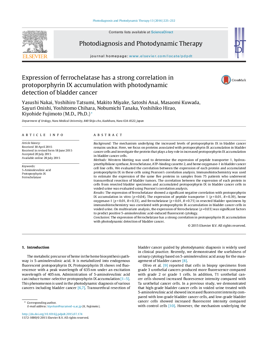 Expression of ferrochelatase has a strong correlation in protoporphyrin IX accumulation with photodynamic detection of bladder cancer