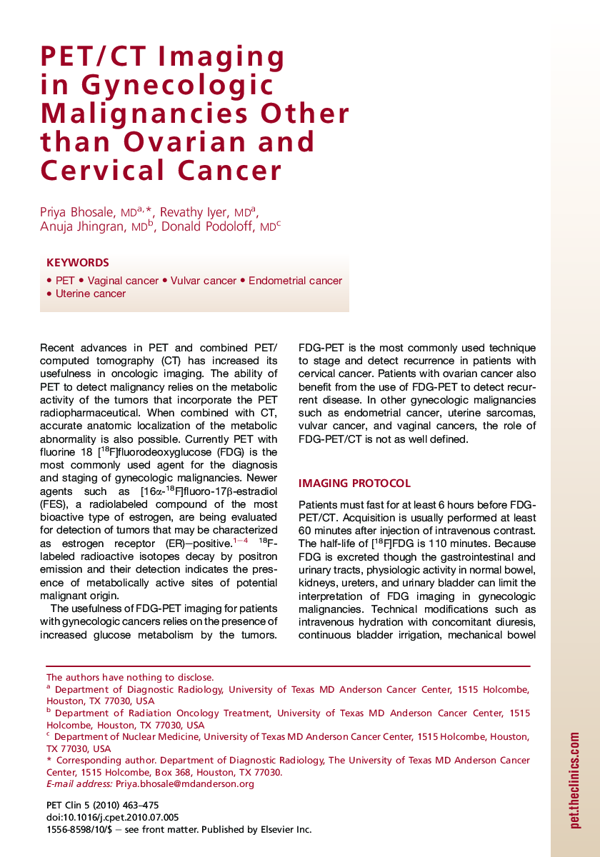 PET/CT Imaging in Gynecologic Malignancies Other than Ovarian and Cervical Cancer