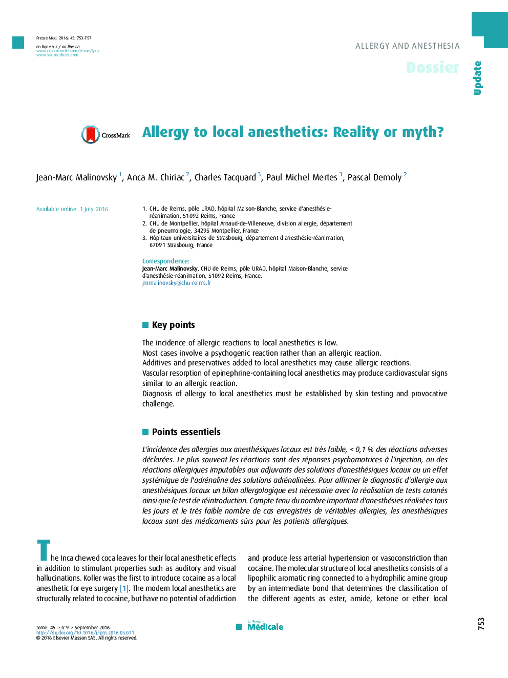 Allergy to local anesthetics: Reality or myth?