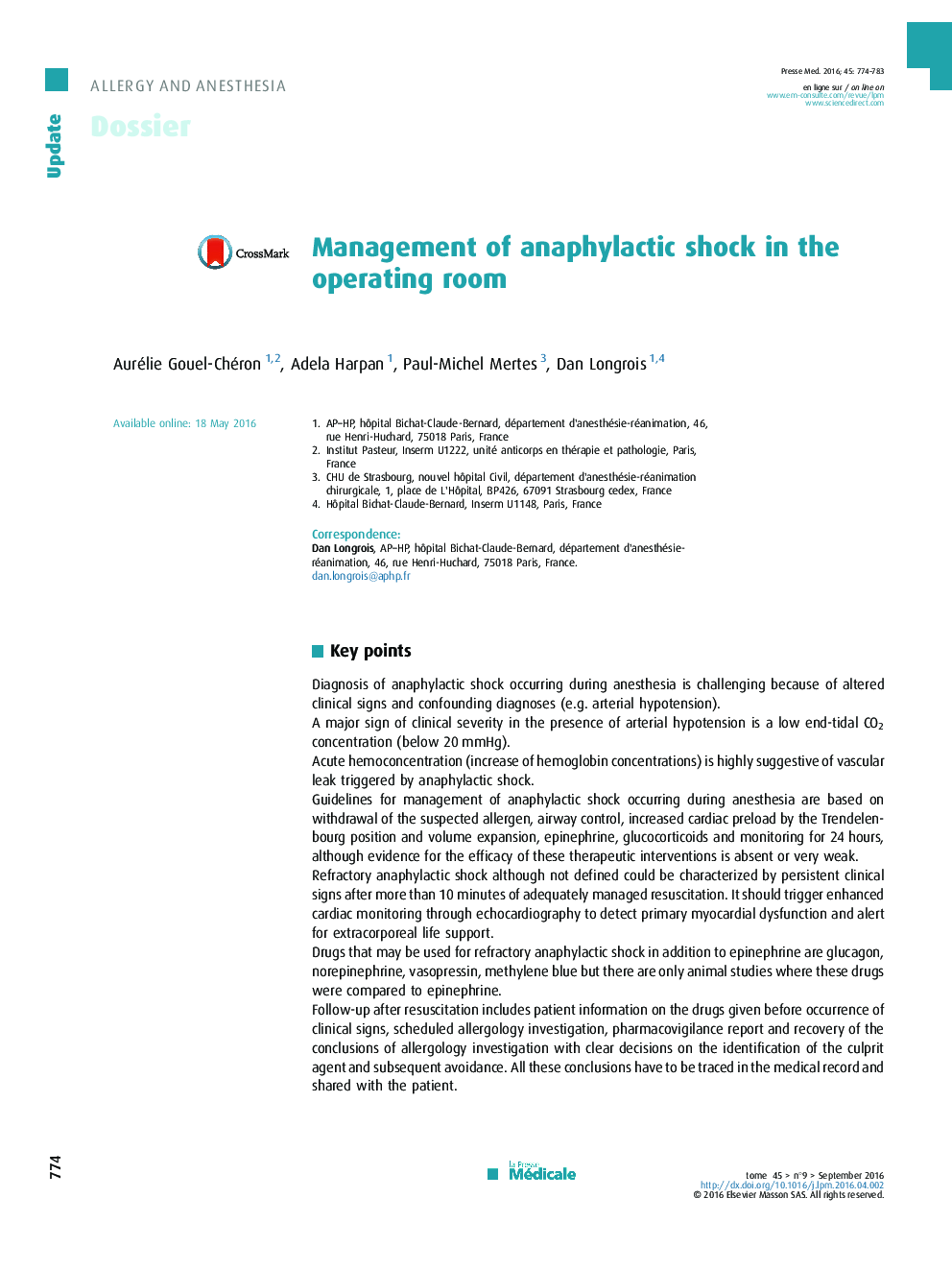 Management of anaphylactic shock in the operating room
