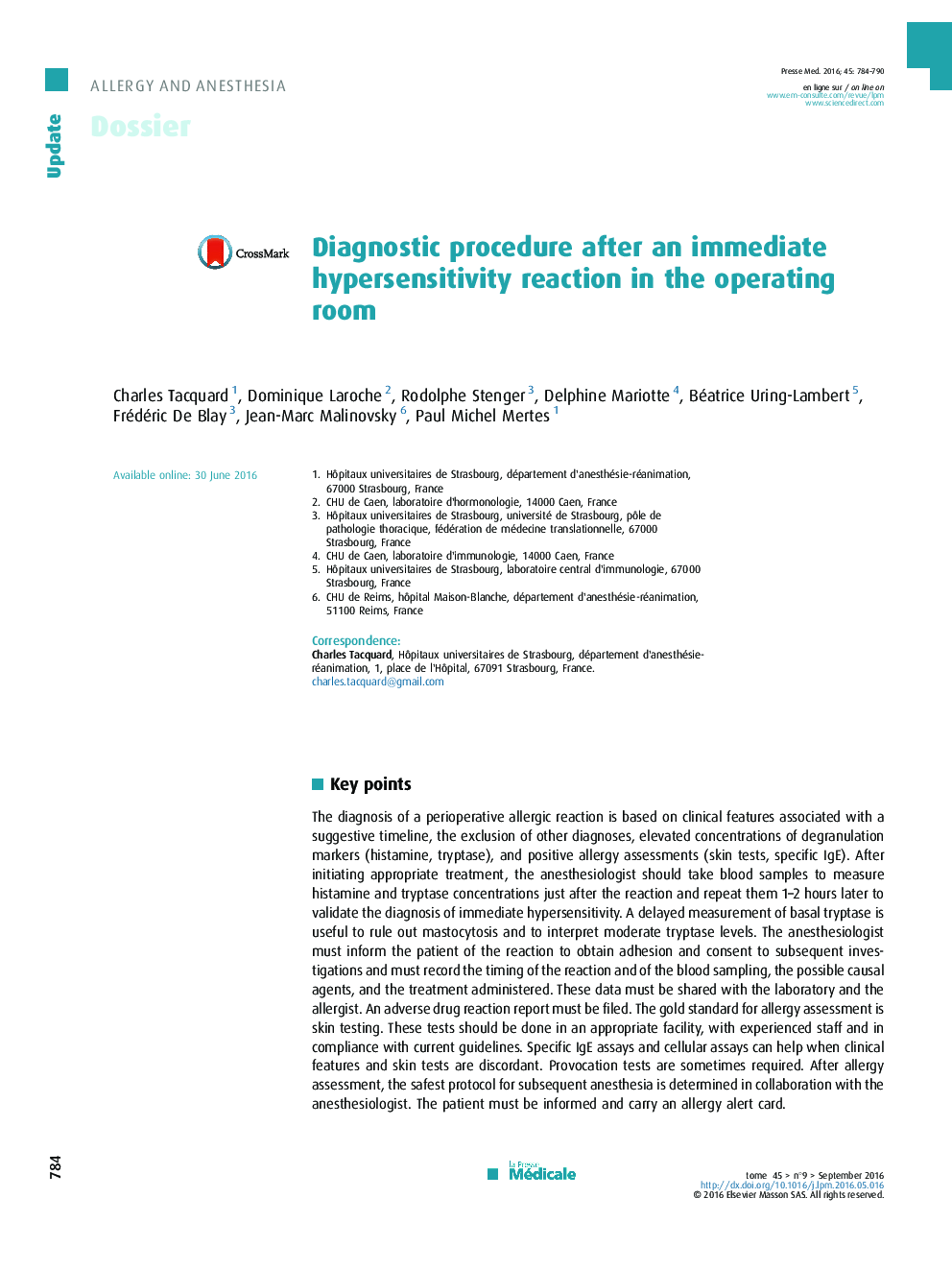 Diagnostic procedure after an immediate hypersensitivity reaction in the operating room