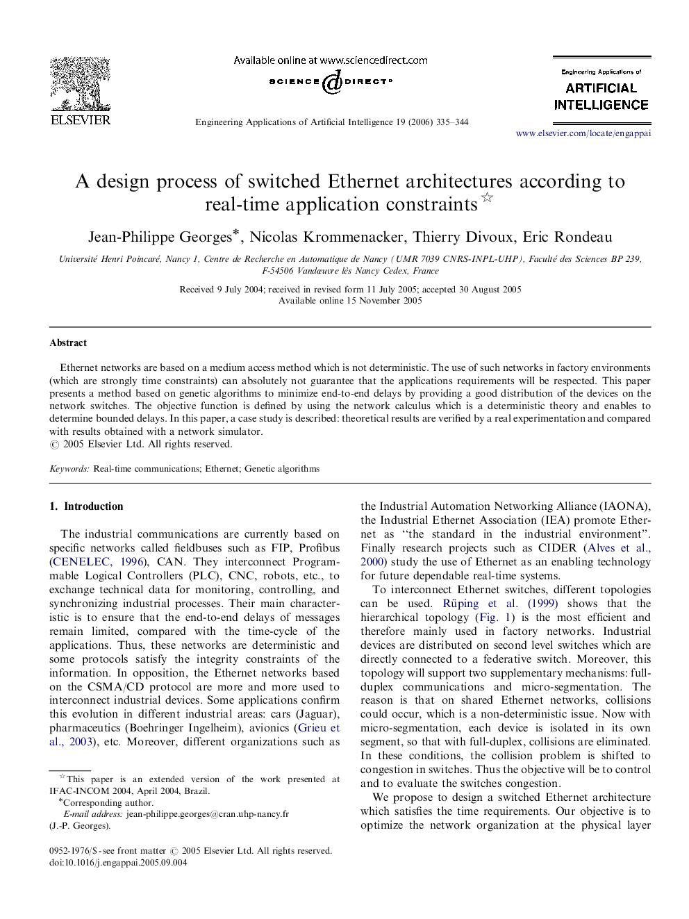 A design process of switched Ethernet architectures according to real-time application constraints 