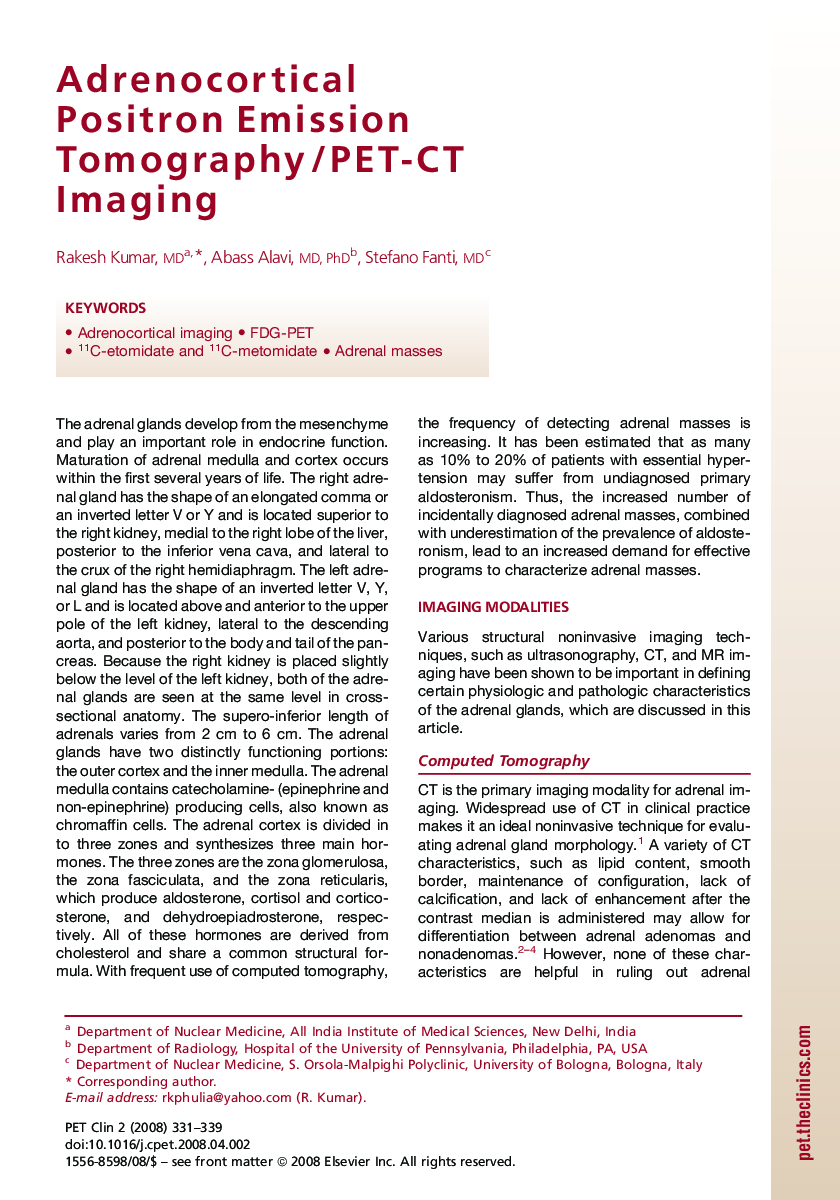 Adrenocortical Positron Emission Tomography/PET-CT Imaging