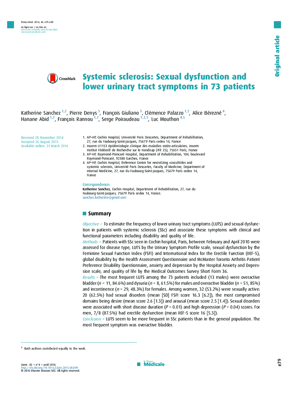 Systemic sclerosis: Sexual dysfunction and lower urinary tract symptoms in 73 patients