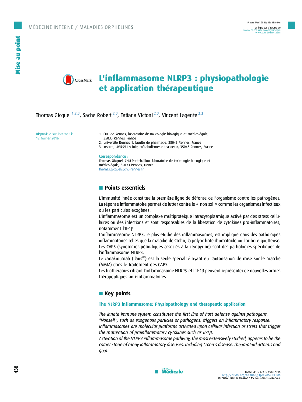 L’inflammasome NLRP3 : physiopathologie et application thérapeutique