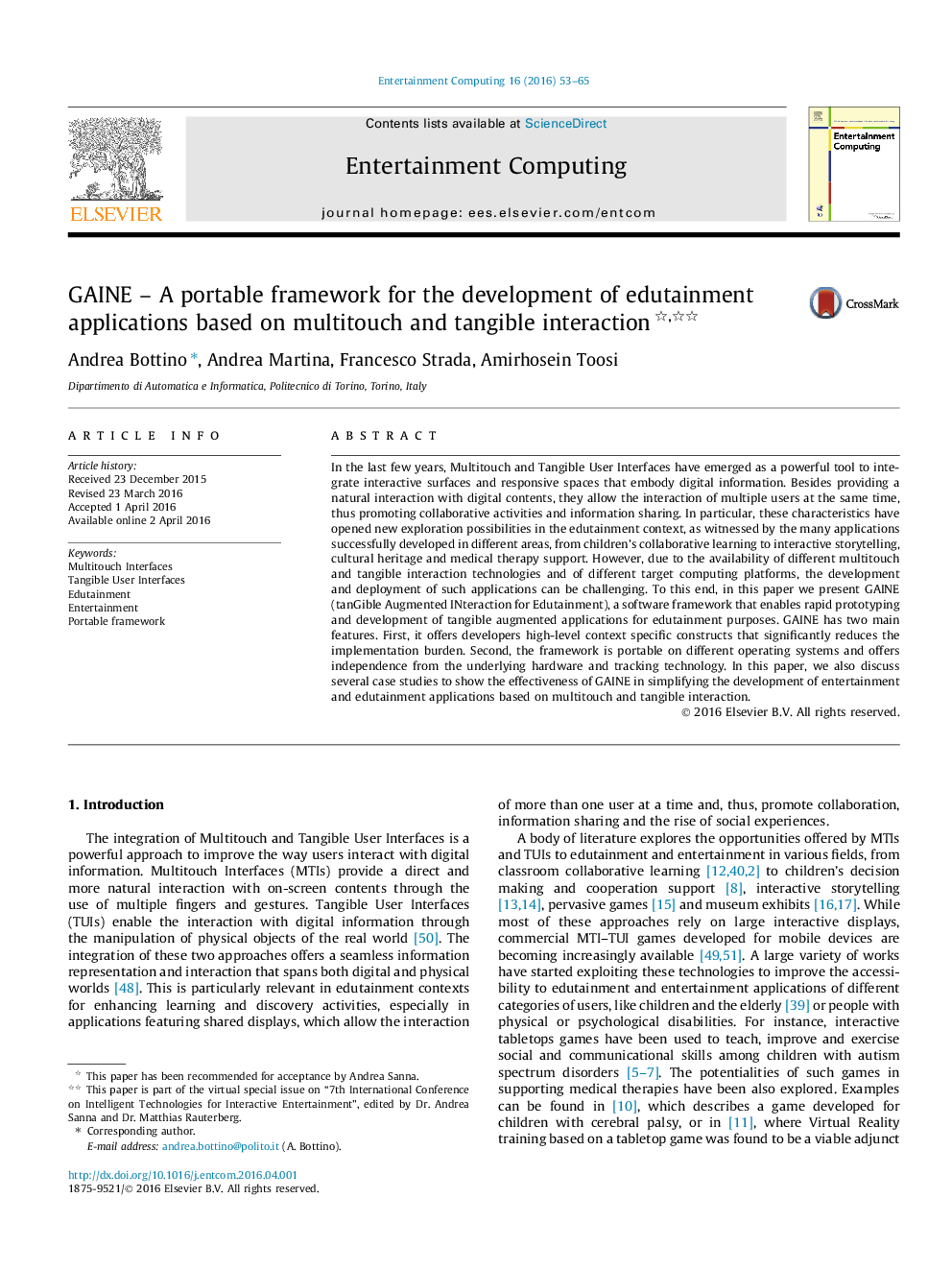 GAINE – A portable framework for the development of edutainment applications based on multitouch and tangible interaction 