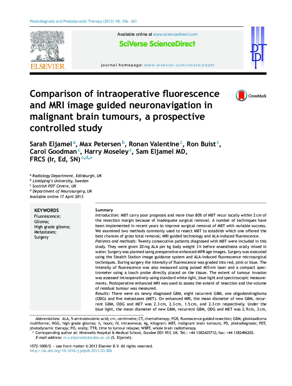 Comparison of intraoperative fluorescence and MRI image guided neuronavigation in malignant brain tumours, a prospective controlled study