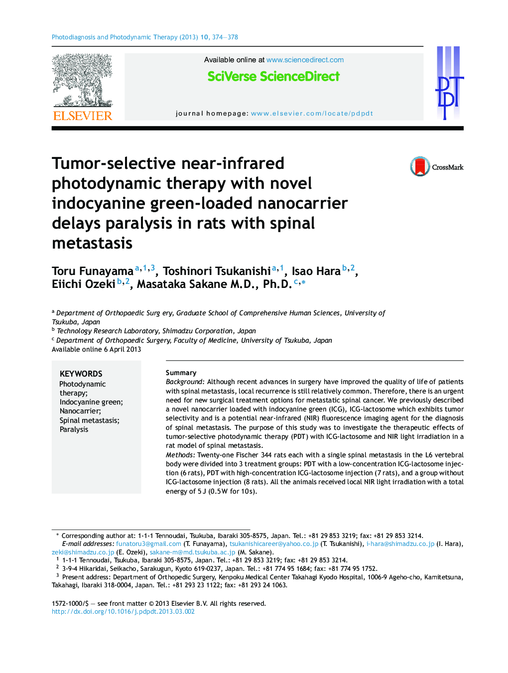 Tumor-selective near-infrared photodynamic therapy with novel indocyanine green-loaded nanocarrier delays paralysis in rats with spinal metastasis