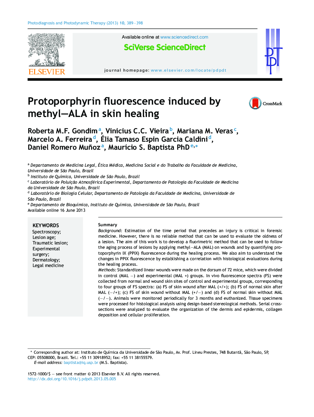 Protoporphyrin fluorescence induced by methyl–ALA in skin healing