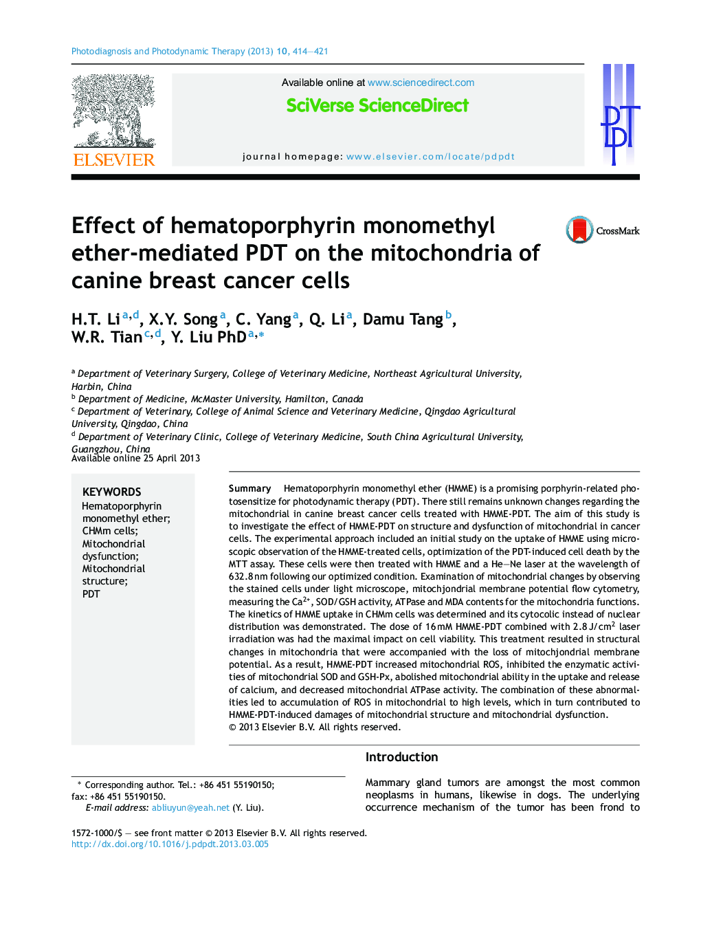 Effect of hematoporphyrin monomethyl ether-mediated PDT on the mitochondria of canine breast cancer cells