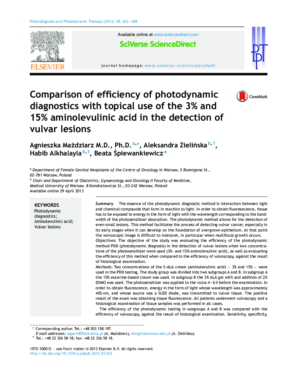 Comparison of efficiency of photodynamic diagnostics with topical use of the 3% and 15% aminolevulinic acid in the detection of vulvar lesions