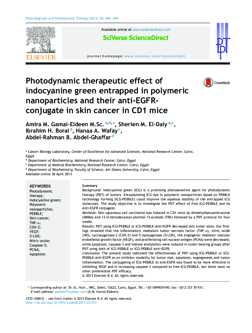 Photodynamic therapeutic effect of indocyanine green entrapped in polymeric nanoparticles and their anti-EGFR-conjugate in skin cancer in CD1 mice