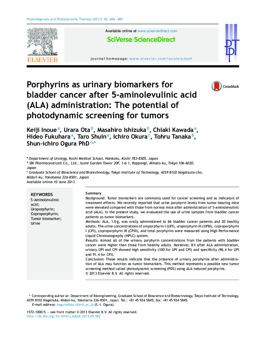 Porphyrins as urinary biomarkers for bladder cancer after 5-aminolevulinic acid (ALA) administration: The potential of photodynamic screening for tumors