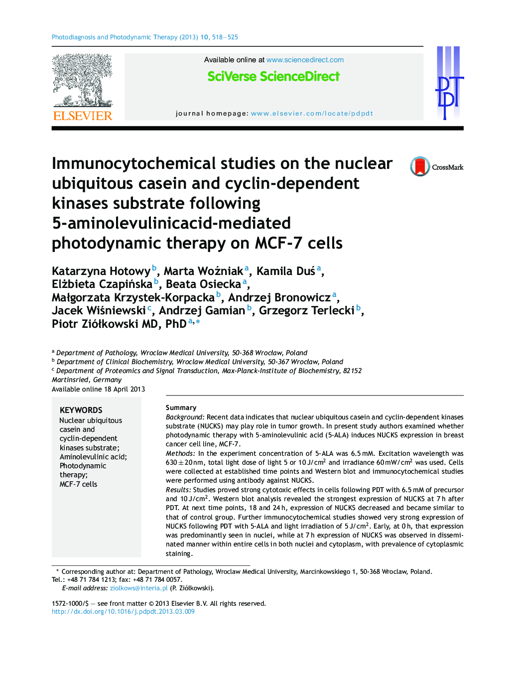 Immunocytochemical studies on the nuclear ubiquitous casein and cyclin-dependent kinases substrate following 5-aminolevulinicacid-mediated photodynamic therapy on MCF-7 cells