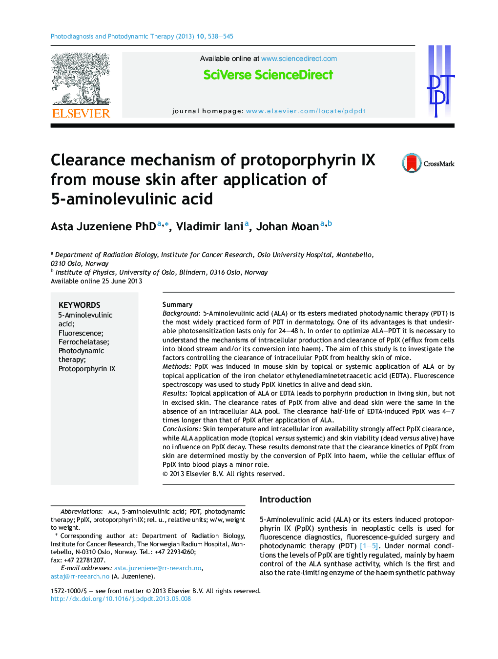 Clearance mechanism of protoporphyrin IX from mouse skin after application of 5-aminolevulinic acid