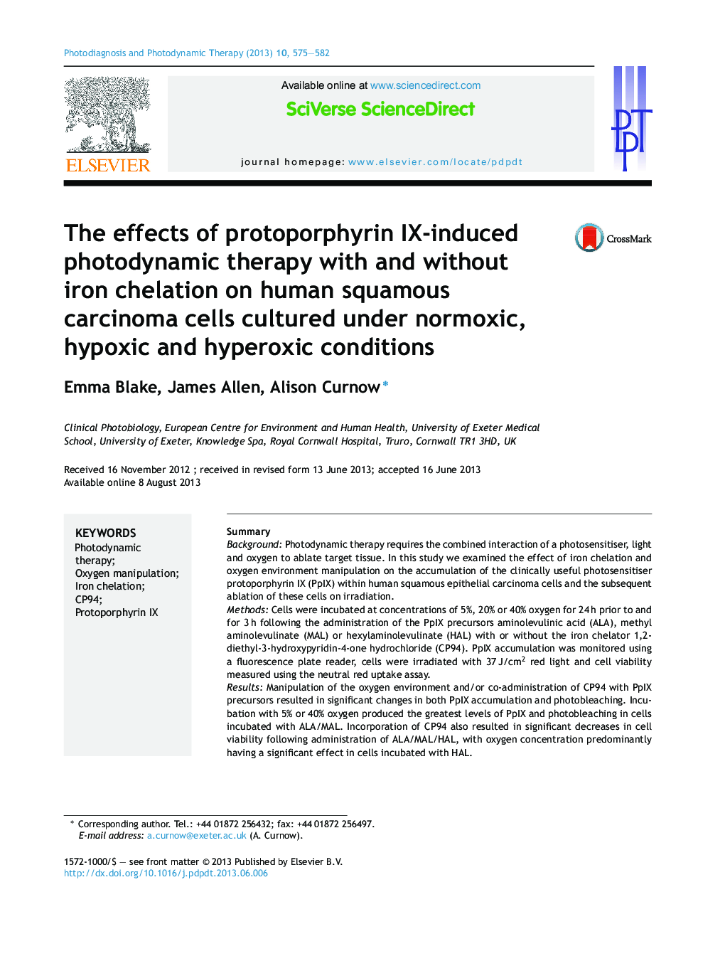 The effects of protoporphyrin IX-induced photodynamic therapy with and without iron chelation on human squamous carcinoma cells cultured under normoxic, hypoxic and hyperoxic conditions