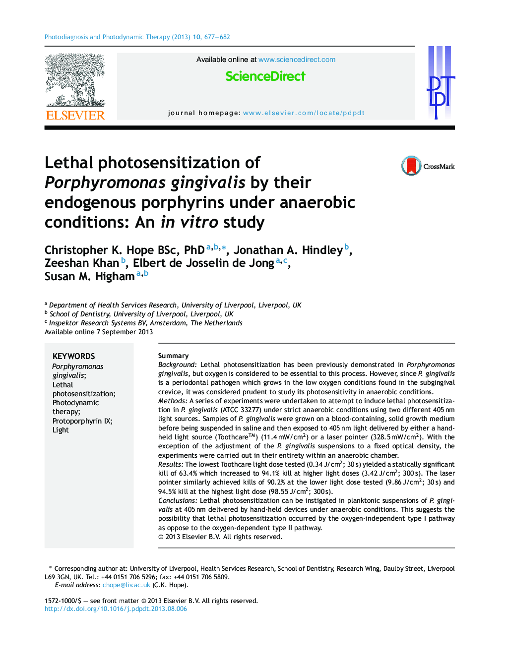 Lethal photosensitization of Porphyromonas gingivalis by their endogenous porphyrins under anaerobic conditions: An in vitro study