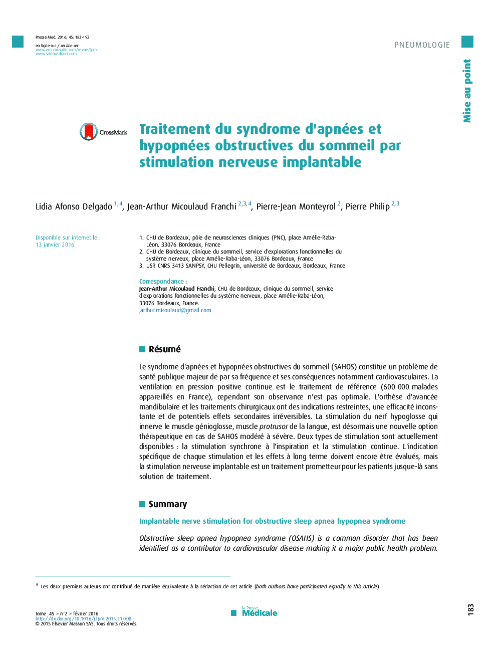 Traitement du syndrome d’apnées et hypopnées obstructives du sommeil par stimulation nerveuse implantable