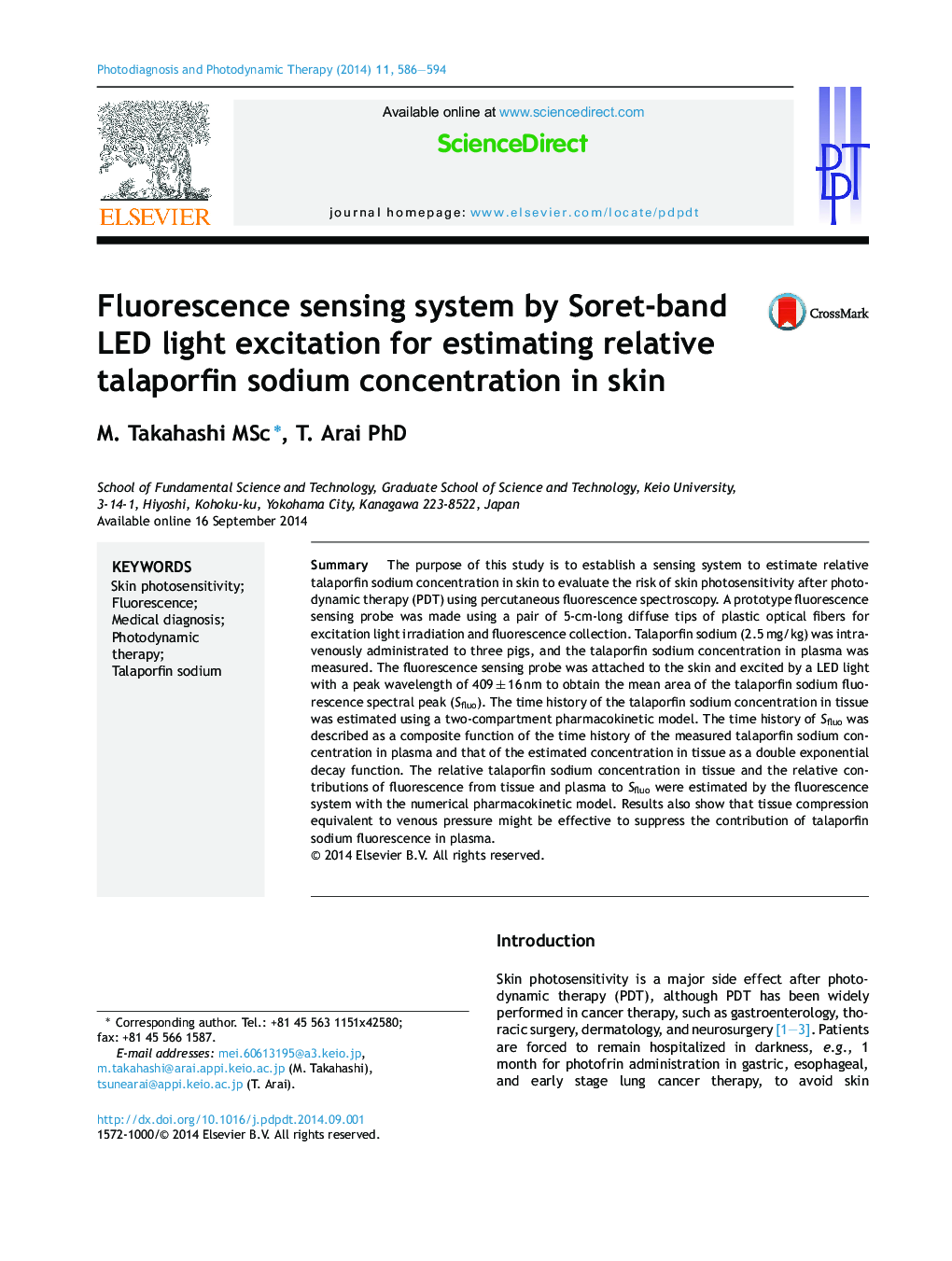 Fluorescence sensing system by Soret-band LED light excitation for estimating relative talaporfin sodium concentration in skin