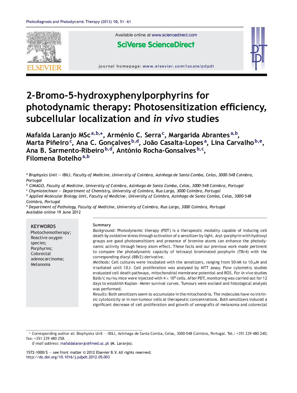 2-Bromo-5-hydroxyphenylporphyrins for photodynamic therapy: Photosensitization efficiency, subcellular localization and in vivo studies