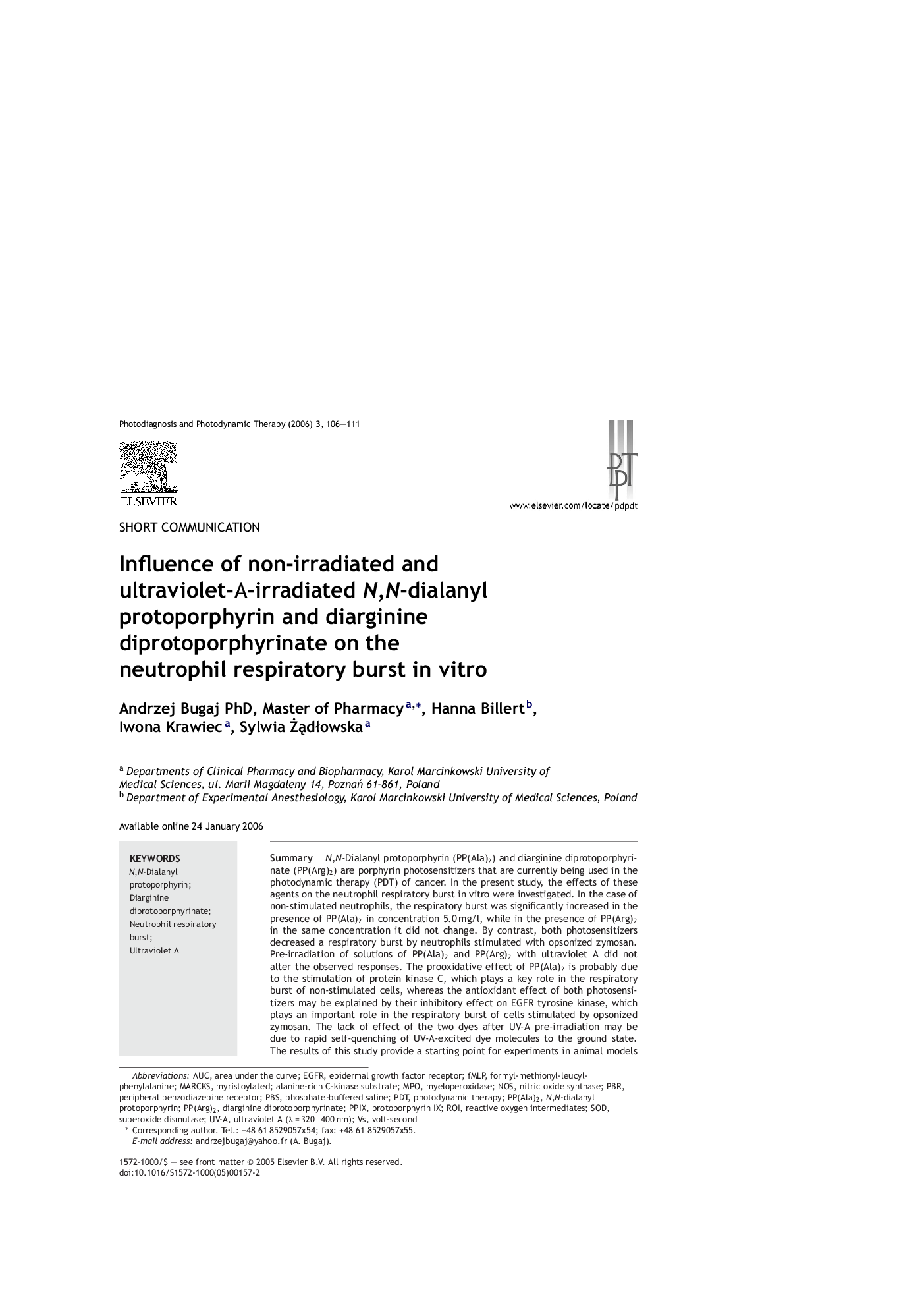 Influence of non-irradiated and ultraviolet-A-irradiated N,N-dialanyl protoporphyrin and diarginine diprotoporphyrinate on the neutrophil respiratory burst in vitro